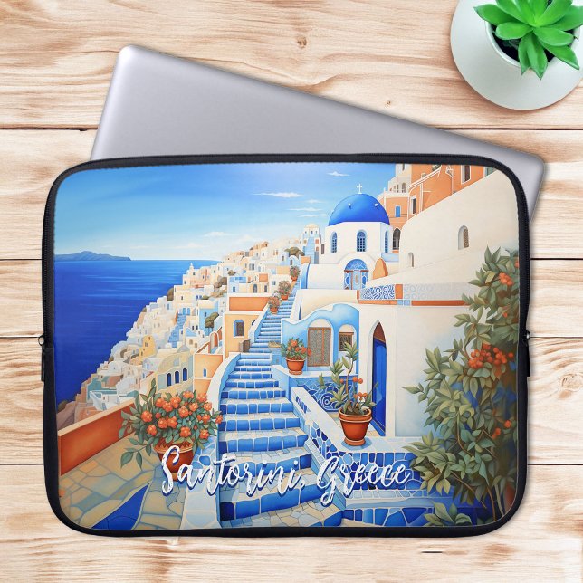 サントリーニアイランドイラストレーション |トラベルアート ラップトップスリーブ (Santorini Island Illustration | Travel Art Laptop Sleeve)