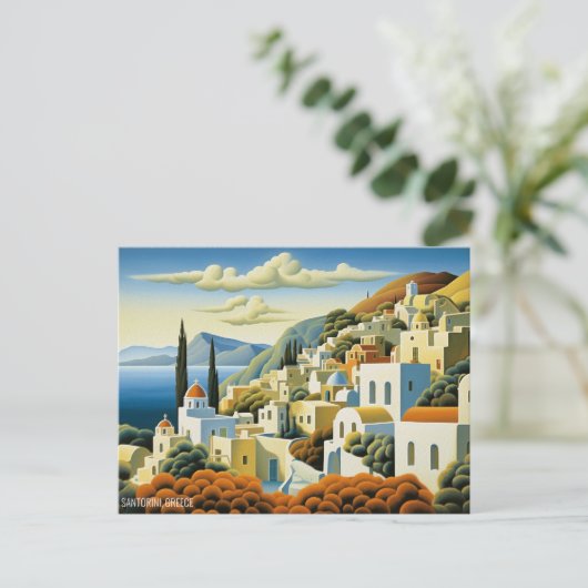 サントリーニアイランドオイル塗装ギリシャ旅行 |アート ポストカード (スタンド正面)