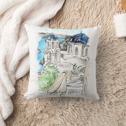 サントリーニアイランドギリシャ夏の思い出はがき クッション (ブランケット)