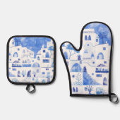 サントリーニオイアギリシャ水彩青と白 鍋つかみ&鍋敷きセット (正面)