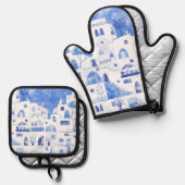サントリーニオイアギリシャ水彩青と白 鍋つかみ&鍋敷きセット (正面/裏面)