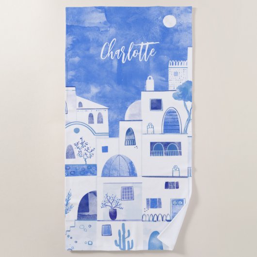 サントリーニオイアグリークアイランドウォーターパーソナライズされたカラー ビーチタオル (正面)