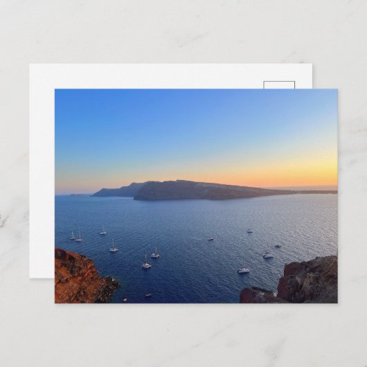 サントリーニオールドハーバーボーツインサンセットギリシャ ポストカード (正面/裏面)