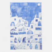 サントリーニギリシャの島の水の色の町並み キッチンタオル (縦)