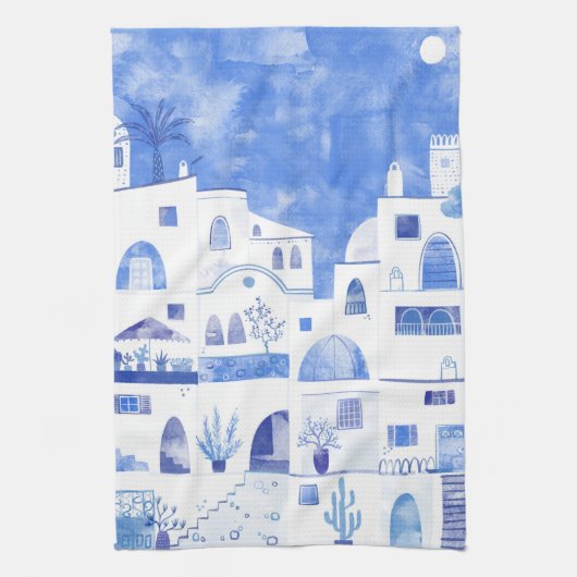 サントリーニギリシャの島の水の色の町並み キッチンタオル (縦)