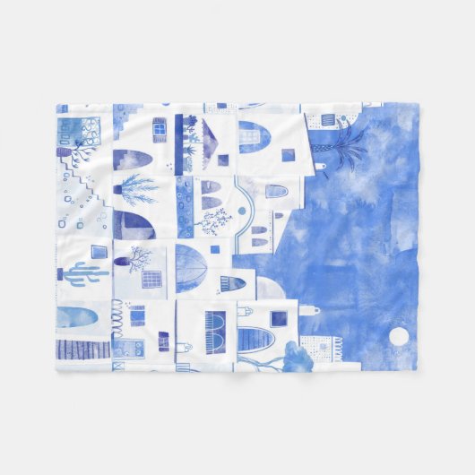 サントリーニギリシャの島の水の色の町並み フリースブランケット (正面(横))