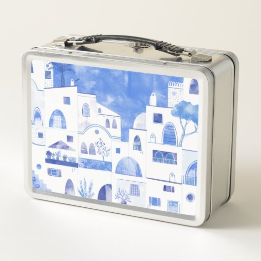 サントリーニギリシャの島の水の色の町並み メタルランチボックス (裏面)