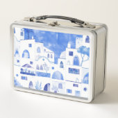サントリーニギリシャの島の水の色の町並み メタルランチボックス (正面)