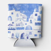 サントリーニギリシャの島の水の色の町並み 缶クーラー (正面)