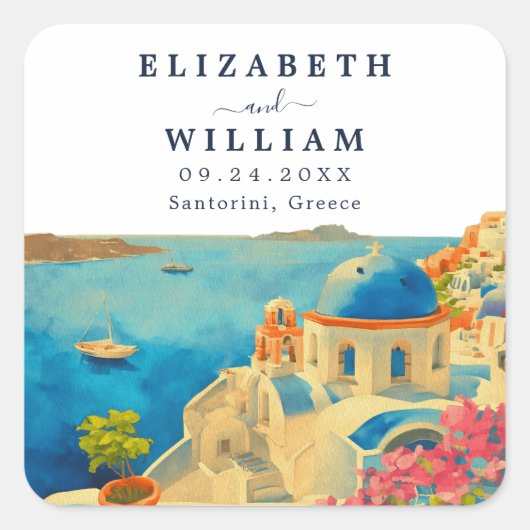 サントリーニギリシャの水の色のスカイライン結婚ズ スクエアシール (正面)
