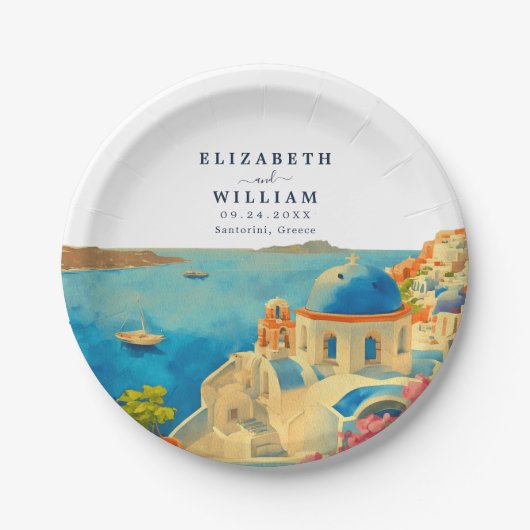 サントリーニギリシャの水の色のスカイライン結婚ズ ペーパープレート (正面)