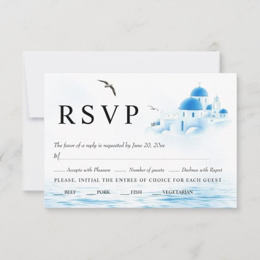 サントリーニギリシャの水の色の目的地の結婚式 出欠カード (正面)