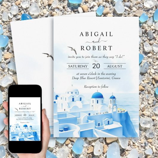サントリーニギリシャの水の色の結婚風景 招待状