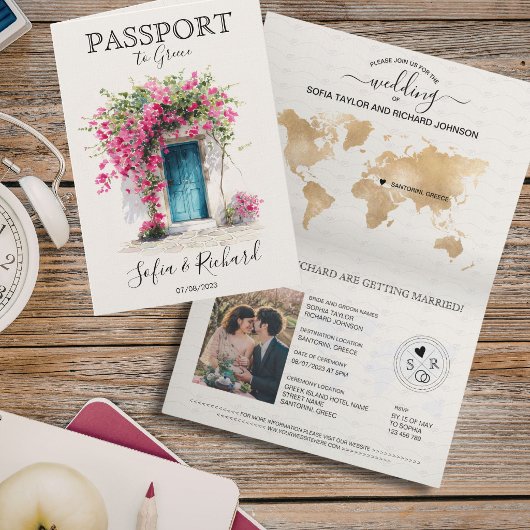 サントリーニギリシャの結婚式のためのウェディングデスティネーションパスポート 招待状