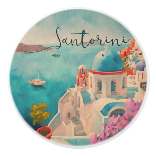 サントリーニギリシャ島水彩旅行記念 セラミックノブ (正面)