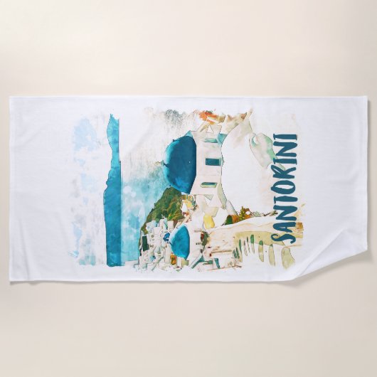 サントリーニギリシャ旅行水の色 ビーチタオル (正面)