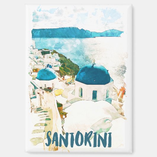 サントリーニギリシャ旅行水彩画ポスター マグネット (正面)