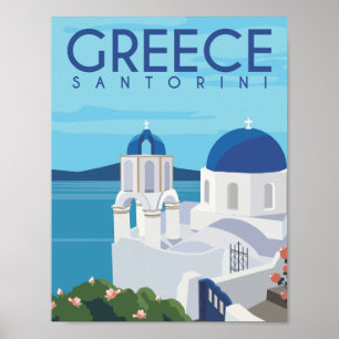 サントリーニギリシャ有名な旅行プレイスイラストレーション ポスター
