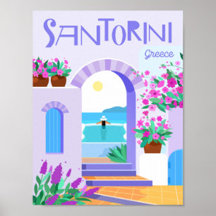 サントリーニギリシャ有名な旅行プレイスイラストレーション ポスター