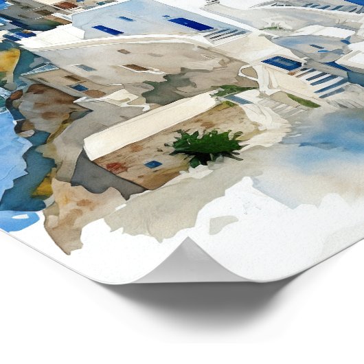 サントリーニギリシャ水彩画絵を描色の正方形ポスター ポスター (角)