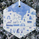 サントリーニギリシャ水彩画 ガラスオーナメント<br><div class="desc">美しいギリシャの絵画サントリーニ島の青と白の水色の町並み。オリジナルアートby Nic Squirrell.</div>