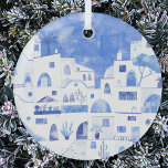 サントリーニギリシャ水彩画 ガラスオーナメント<br><div class="desc">美しいギリシャの絵画サントリーニ島の青と白の水色の町並み。オリジナルアートby Nic Squirrell.</div>