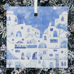 サントリーニギリシャ水彩画 ガラスオーナメント<br><div class="desc">美しいギリシャの絵画サントリーニ島の青と白の水色の町並み。オリジナルアートby Nic Squirrell.</div>
