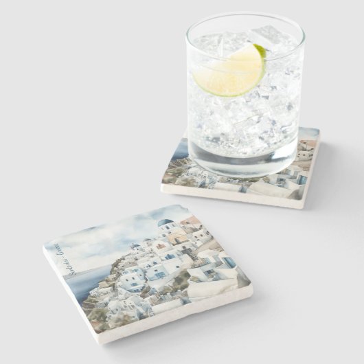 サントリーニギリシャ水彩画 ストーンコースター (横)