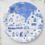 サントリーニギリシャ水彩画 ペーパープレート<br><div class="desc">ギリシャモダンのサントリーニ島の青と白絵画の水色の写真。オリジナルアートby Nic Squirrell.</div>