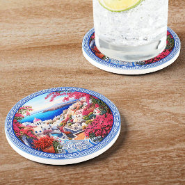 サントリーニギリシャ絵を描ブーゲンビリア旅行 コースター