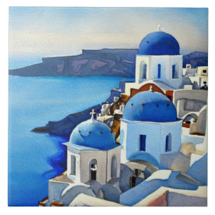 サントリーニギリシャ絵画水彩色 タイル