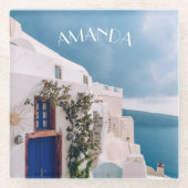 サントリーニギリシャ – ブルードアアットサントリーニギリシャ ガラスコースター (正面)