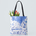 サントリーニグリークアイランドウォータカラー トートバッグ<br><div class="desc">水の色の青と白の街並絵画は、ギリシャのサントリーニ島に基づく。</div>