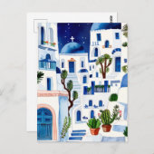 サントリーニナイトギリシャ水彩青い白いギリシャ語 ポストカード (正面/裏面)