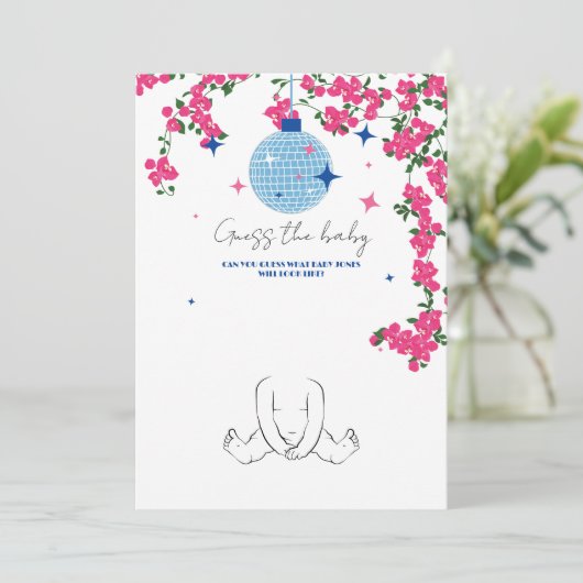 サントリーニピンク赤ちゃんシャワーゲームカードを推測 招待状 (スタンド正面)