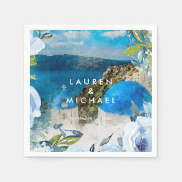 サントリーニブルー花模様サマー結婚ズ・ナプキン スタンダードカクテルナプキン