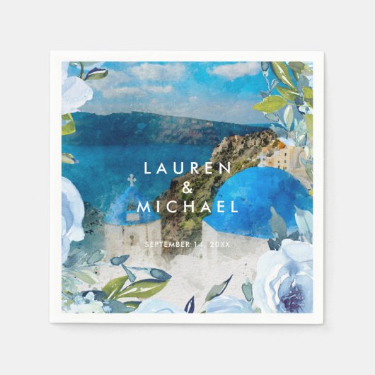 サントリーニブルー花模様サマー結婚ズ・ナプキン スタンダードカクテルナプキン (正面)