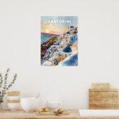 サントリーニ島の水彩画イラスト旅行 ポスター (キッチン)