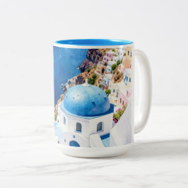 サントリーニ島の青いドームの水彩ポスター ツートーンマグカップ