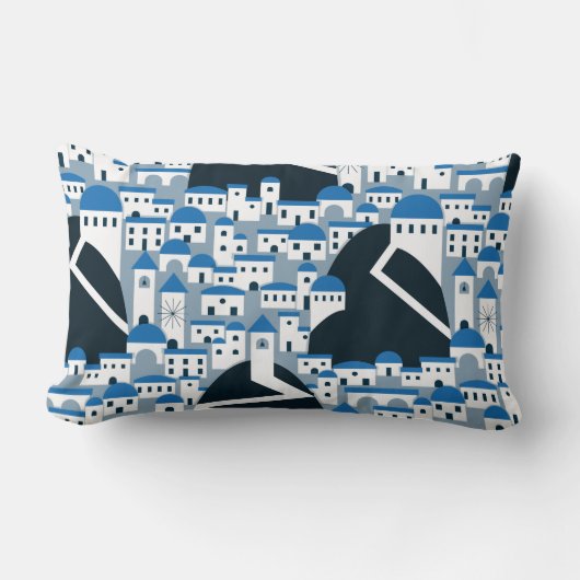 サントリーニ村の白と青の紋様 ランバークッション (正面)