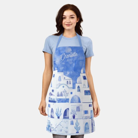 サントリーニ水パーソナライズされた色 エプロン (着用した状態)