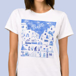 サントリーニ水パーソナライズされた色 Tシャツ<br><div class="desc">美しいギリシャのサントリーニ島に絵画基づく水色の青と白の町並み。名前をパーソナライズに変更。オリジナルアートby Nic Squirrell.</div>