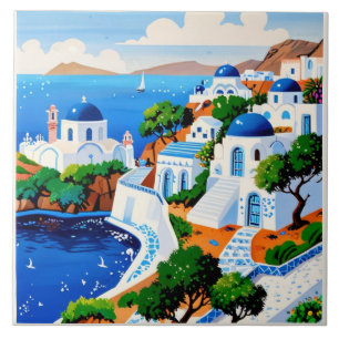 サントリーニ水絵を描色のアート – ギリシャ島 タイル
