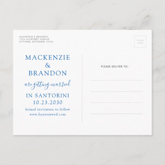 サントリーニ目的地の結婚式の日付を保存 案内ポストカード (裏面)