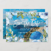 サントリーニ青いフローラ結婚式の日付カードを保存 サンキューカード (正面/裏面)