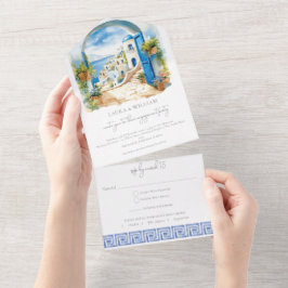 サントリーニ ギリシャでのエンゲージメントパーティー RSVP付き オールインワン招待状