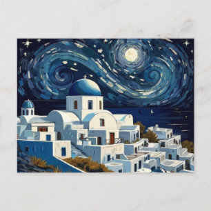 サントリーニ、ギリシャの星空の夜 – ギリシャのアイランドアート シーズンポストカード