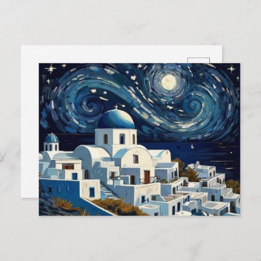 サントリーニ、ギリシャの星空の夜 – ギリシャのアイランドアート シーズンポストカード (正面/裏面)