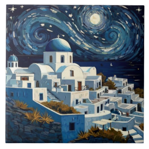 サントリーニ、ギリシャの星空の夜 – ギリシャのアイランドアート タイル