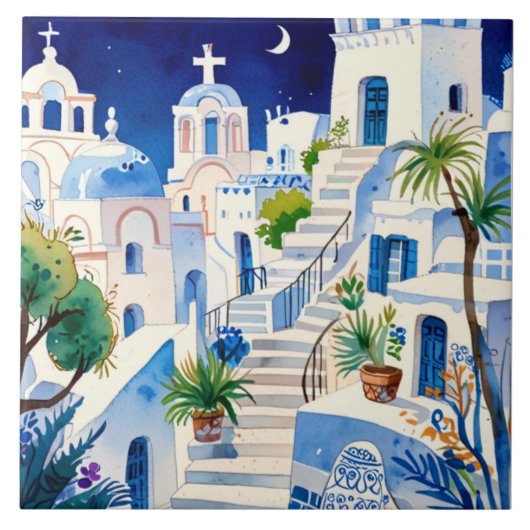 サントリーニ、ギリシャの水彩画 – ギリシャのアイランドアート タイル (正面)
